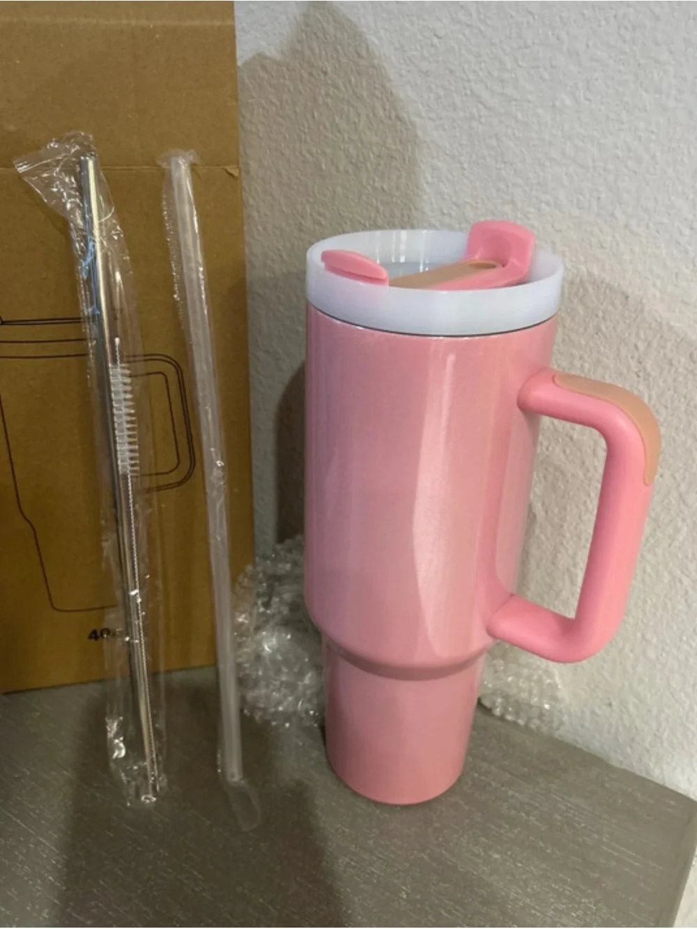 Pink Insulated Travel Mug with Handle and Straw